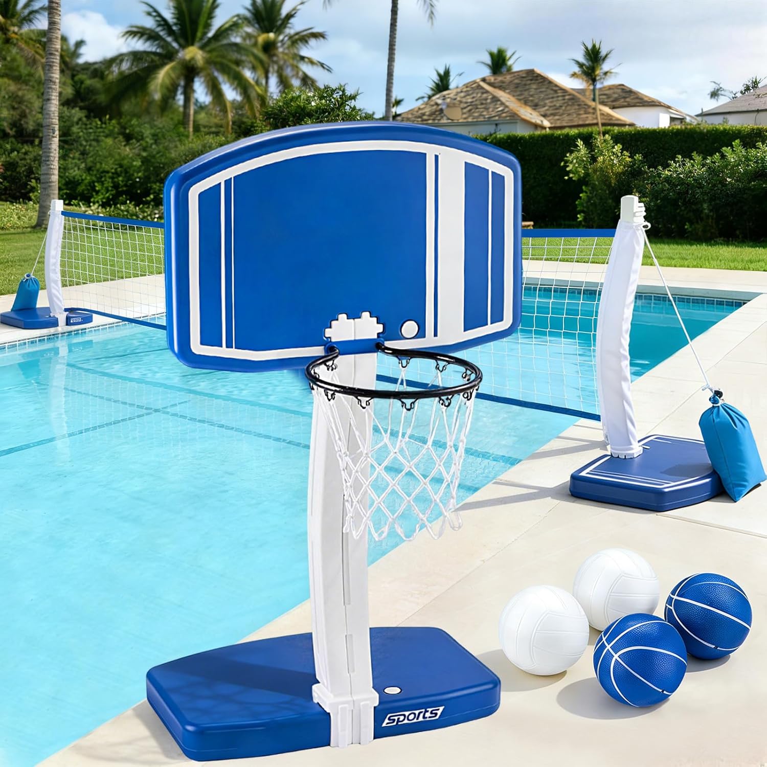 Basketball Hoop - Oberirdischer Pool-Basketballkorb und Volleyballnetz 2-in-1, Outdoor-Wasserspielzeug